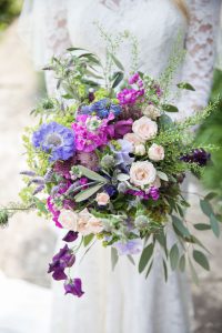 Bride with scabiosa bouquet