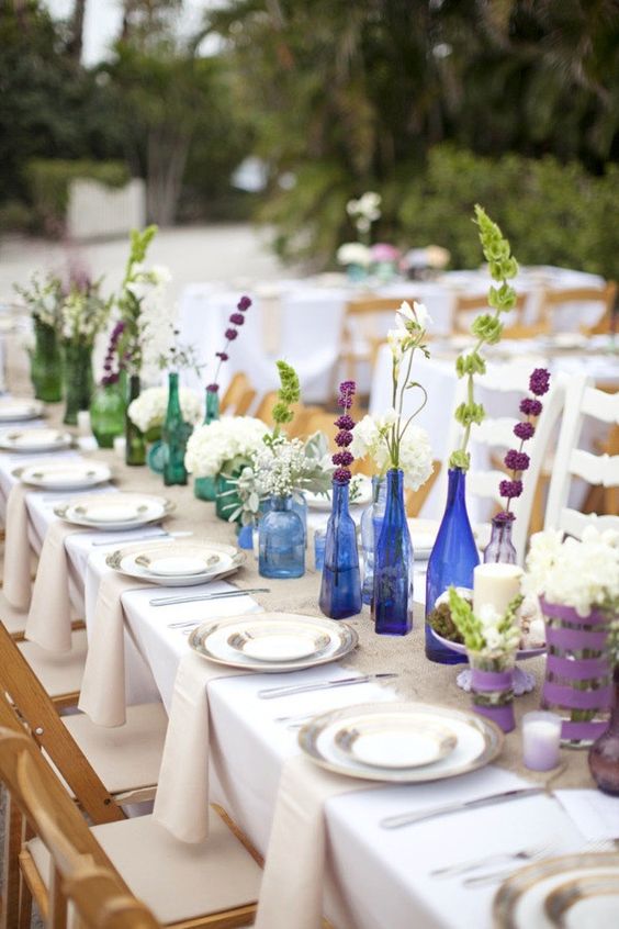 Tablescape with Colored Bottles for Wedding or Shower.
