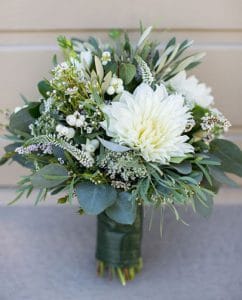 White Dahlia, Veronica, Hypericum Berry Mix Greenery Bouquet