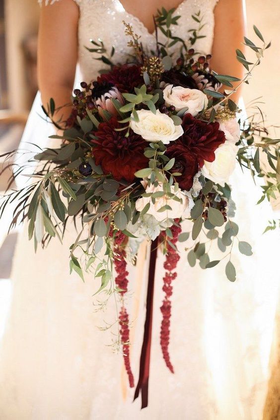 burgundy wedding Bouquet with Hanging Amarnthus