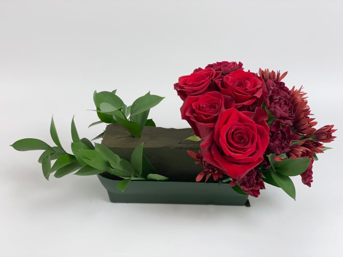 Red roses, burgundy carnations and mums to Floral Foam