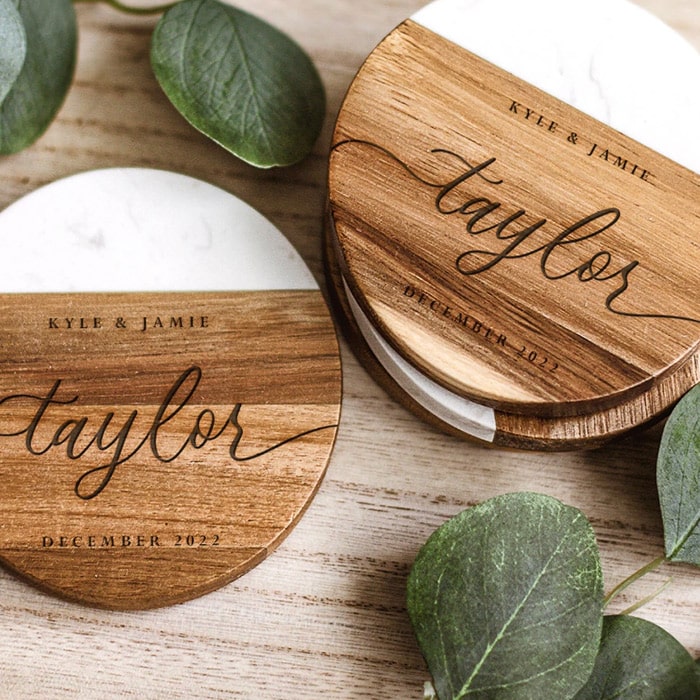 Personalized Coasters, Custom Engraved Marble Wooden Coaster, Wedding Coaster