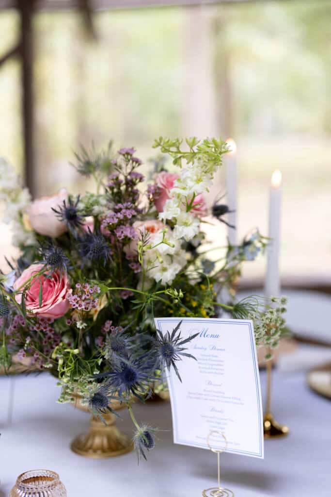 Woodland Wildflower Wedding Centerpieces with thistle, monte casino, roses and greenery.