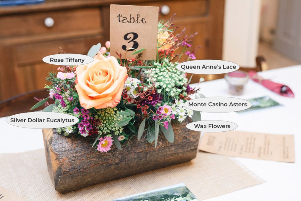 Log DIY Fall Centerpiece, roses & wax flowers