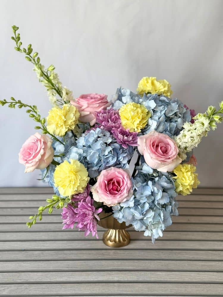 a floral arrangement with pastel colors.