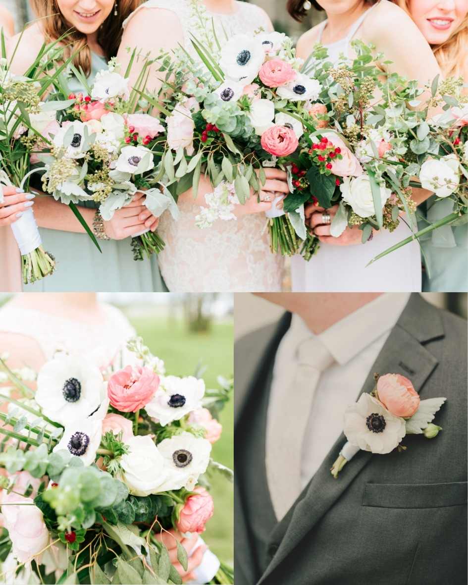 Bouquets and a boutonniere featuring anemones and garden roses in white and pink