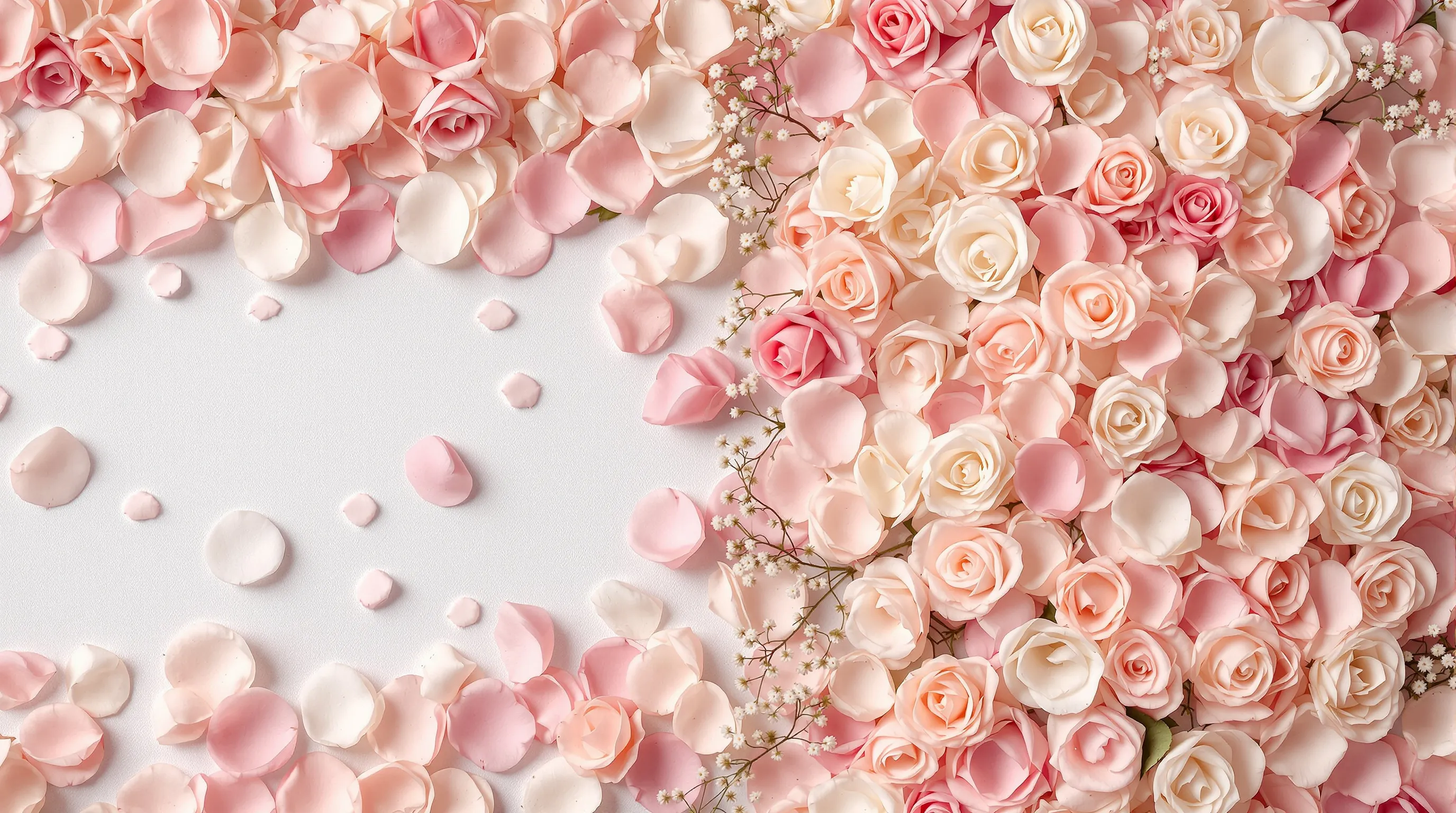 Side-by-side comparison of light scatter rose petal coverage versus dense full-coverage rose petal border on a wedding aisle runner