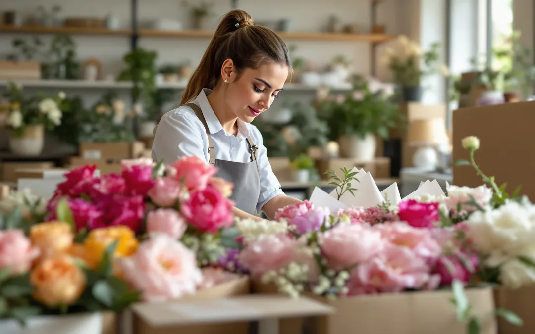 Professional florist inspecting freshly arrived wholesale flowers from farm-direct boxes in a floral studio