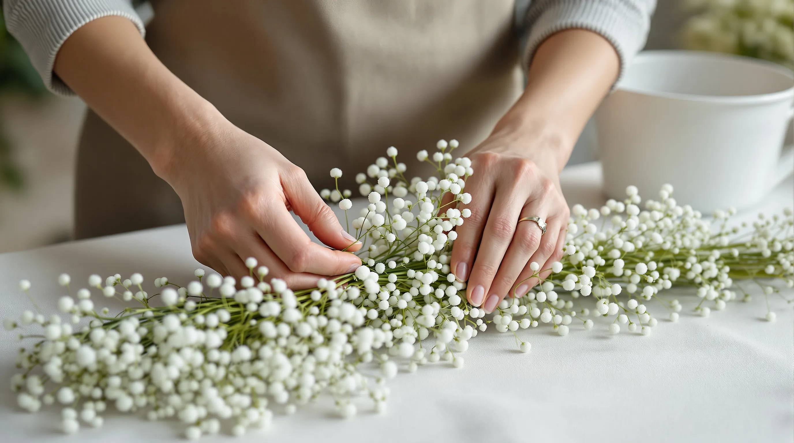 Hands separating one bunch of white baby's breath into individual stems laid side by side for counting