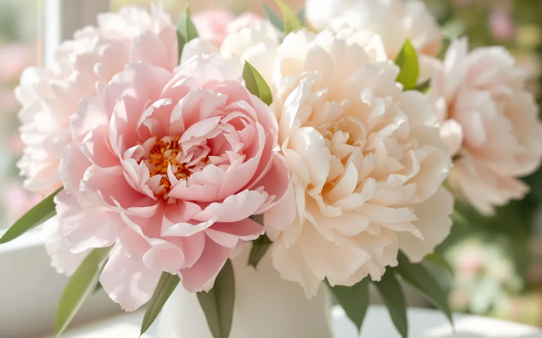Blush pink and white peony blooms arranged in a ceramic vase on a sunlit wooden surface, representing peak U.S. peony season for wedding flowers