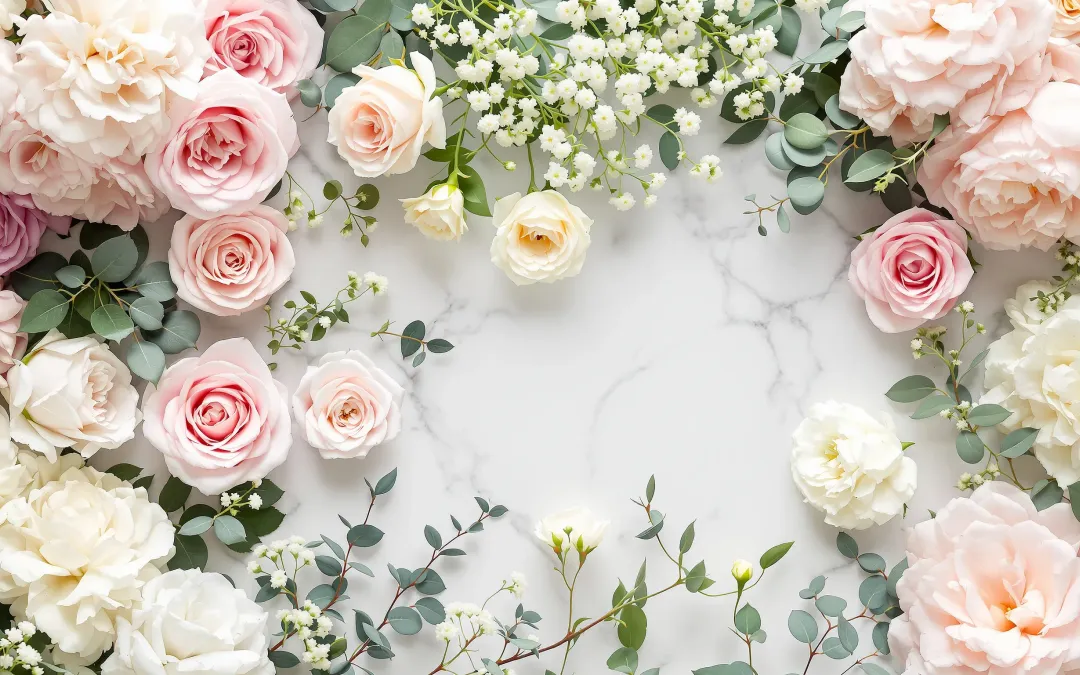 Wholesale wedding flowers including blush garden roses, white hydrangeas, ivory lisianthus, and eucalyptus arranged in bulk on a marble surface