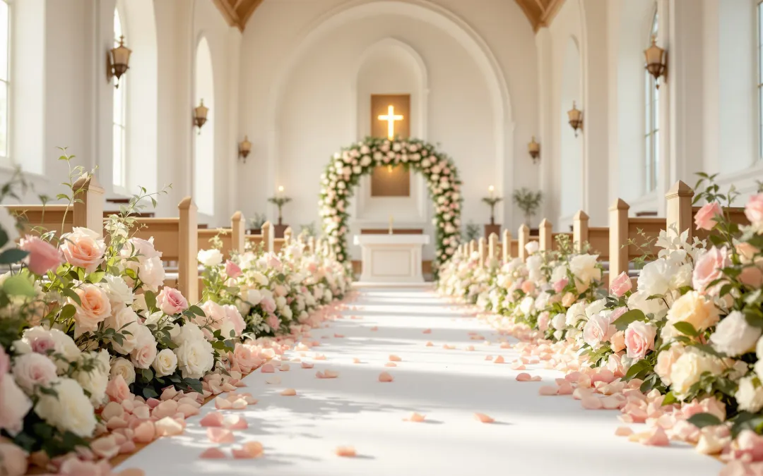 Fresh blush and ivory rose petals lining both sides of a sunlit wedding ceremony aisle inside a church