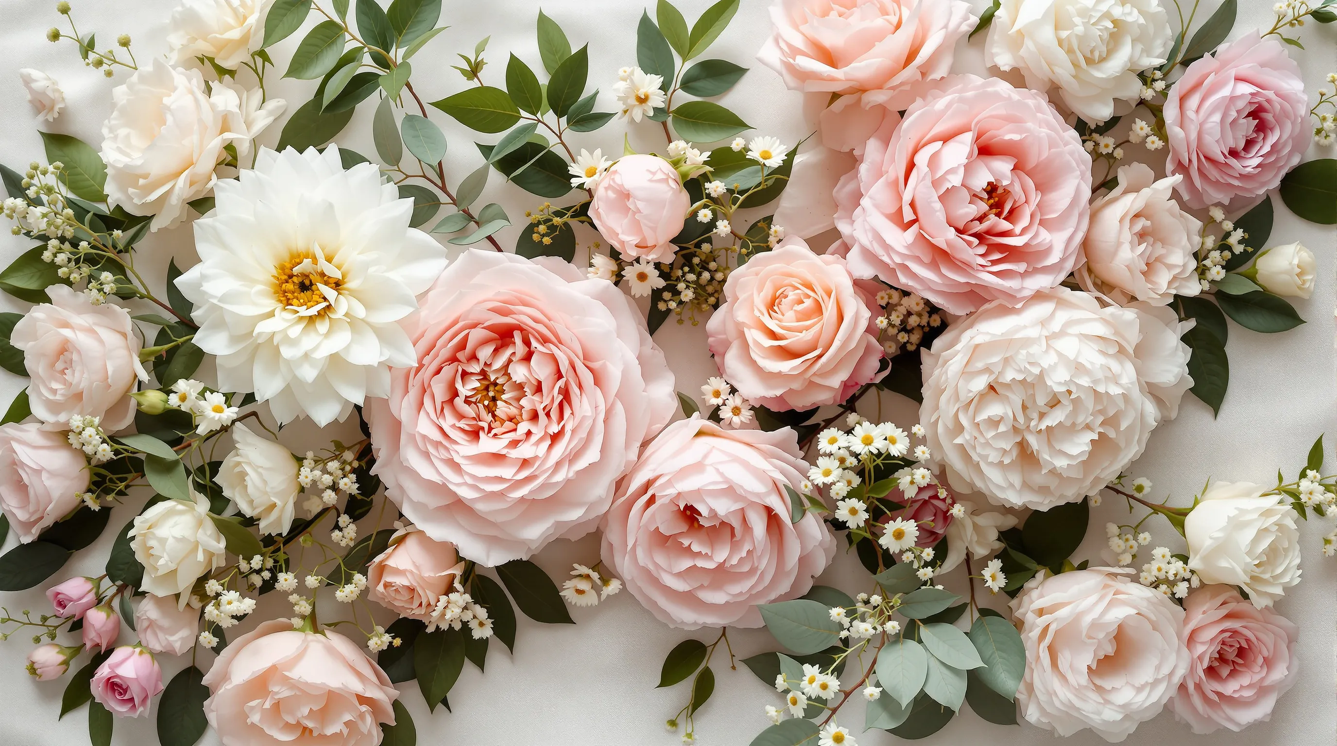 Flat-lay arrangement of blush garden roses, ranunculus, dahlias, and lisianthus showing peony-look substitute flowers for off-season weddings