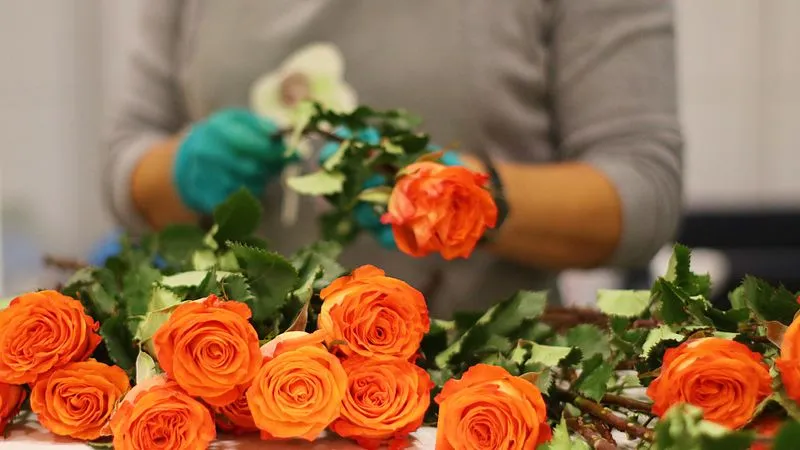 A florist in green gloves arranges orange roses above a table of loose rose stems.