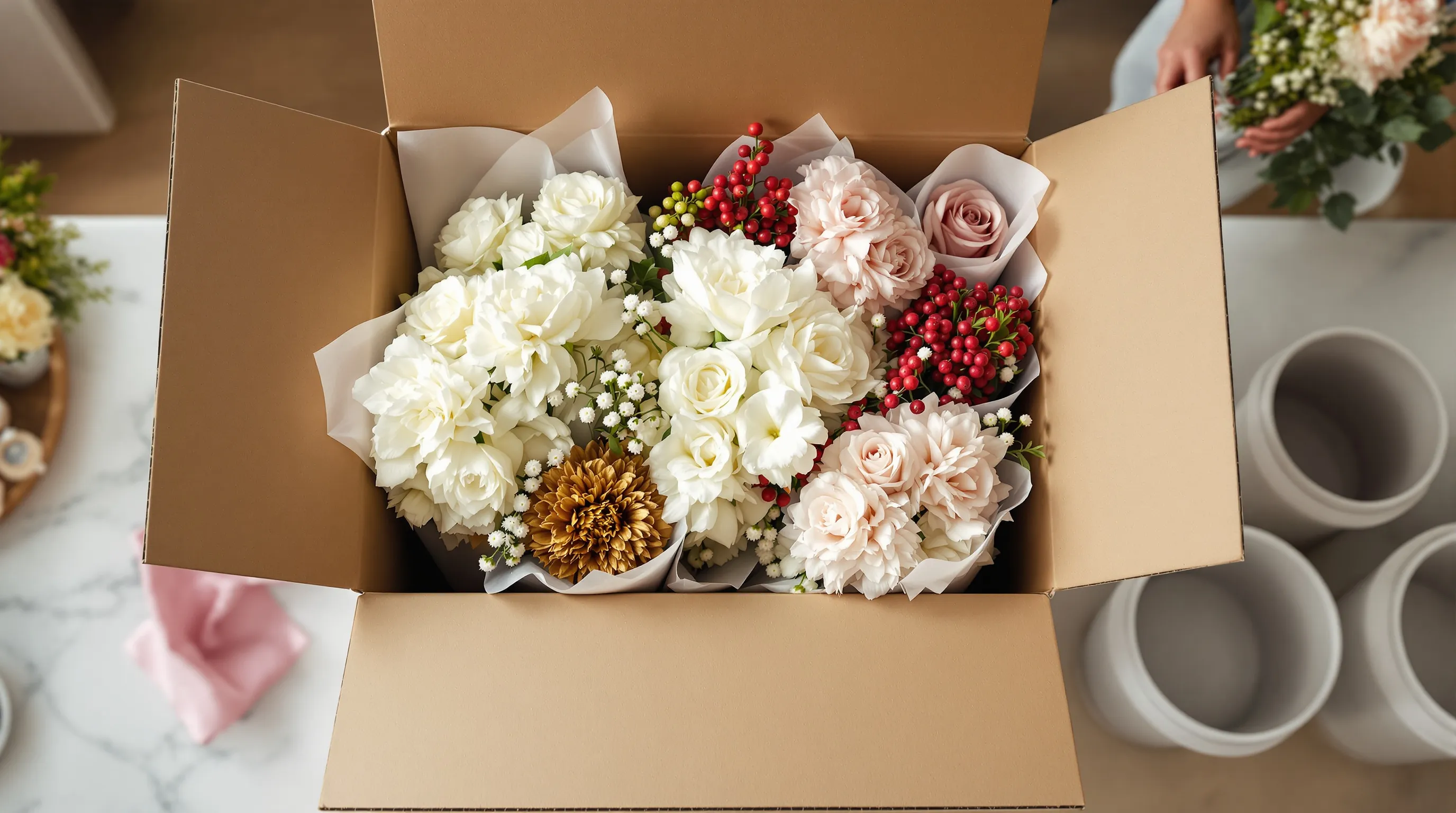 Photorealistic overhead view of an opened plain cardboard flower shipping box on a clean kitchen counter, filled with bunches of white carnations, bronze chrysanthemums and red hypericum berries, each bunch wrapped in