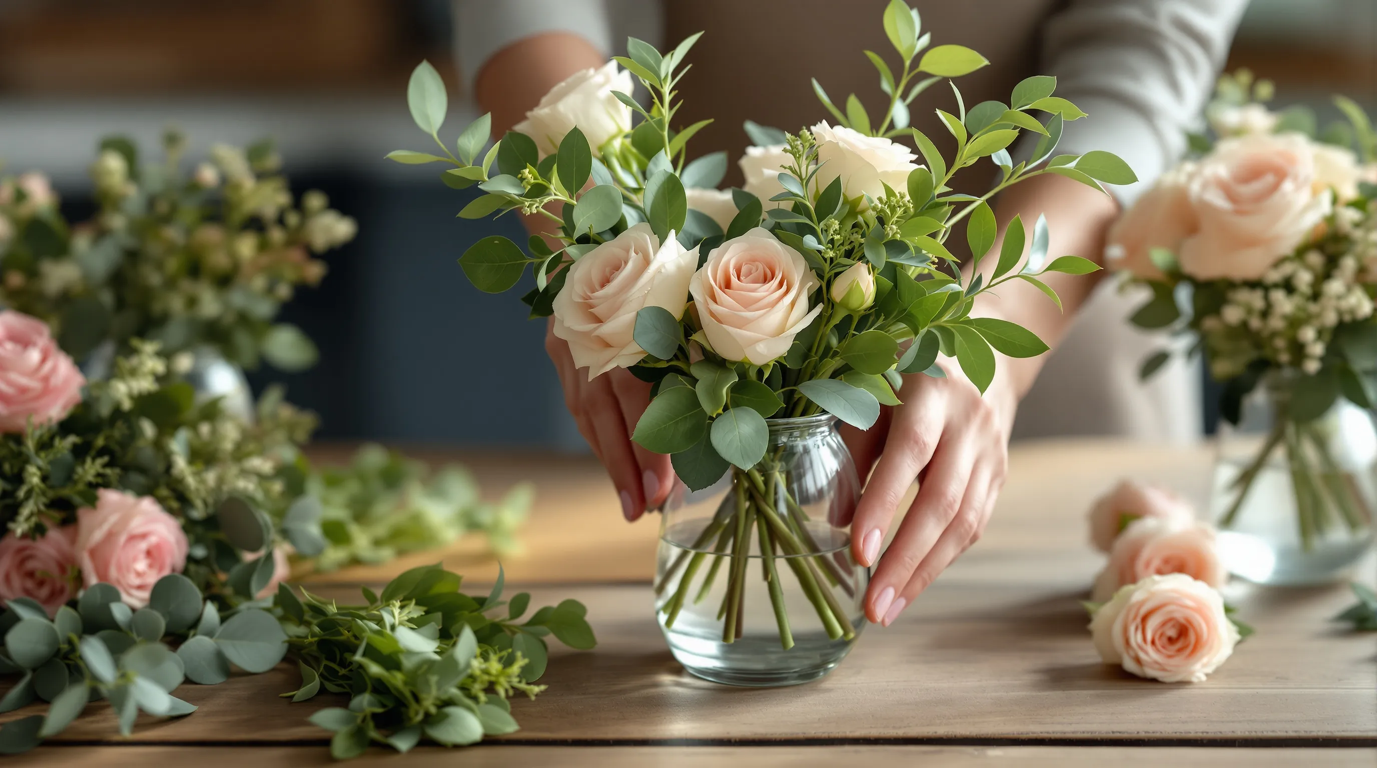 Hands arranging fresh spray roses and eucalyptus into a glass bud vase with additional vases and loose flower bunches in the background