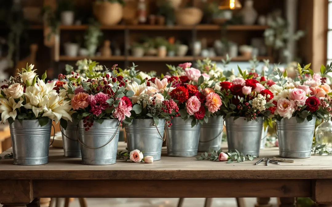 Buckets of long-lasting October wedding flowers, including chrysanthemums, carnations, hypericum and budding lilies, being prepared for centerpieces on a wooden worktable