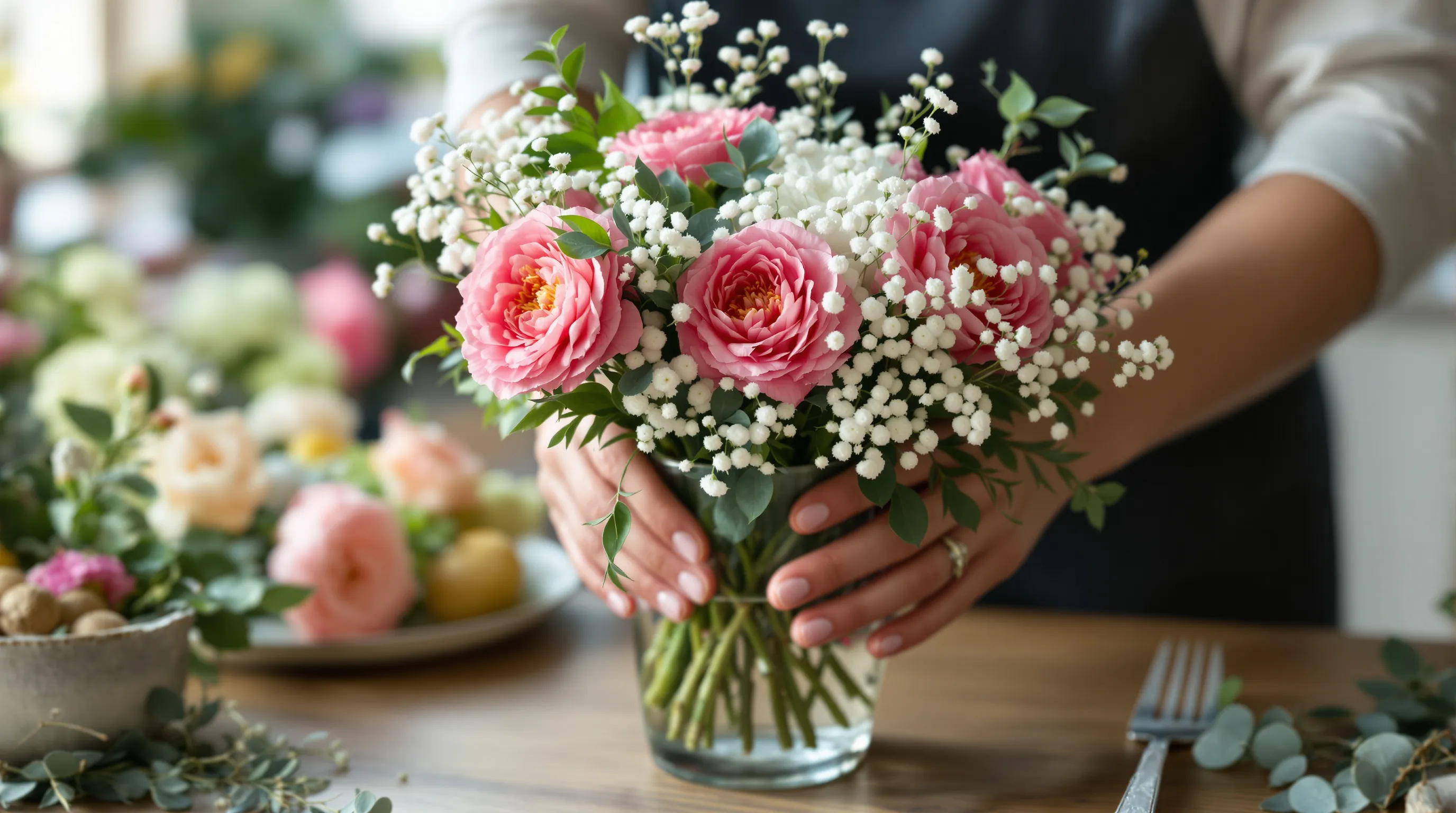 Hands arranging carnations, baby's breath, and eucalyptus into a glass vase for a DIY wedding centerpiece