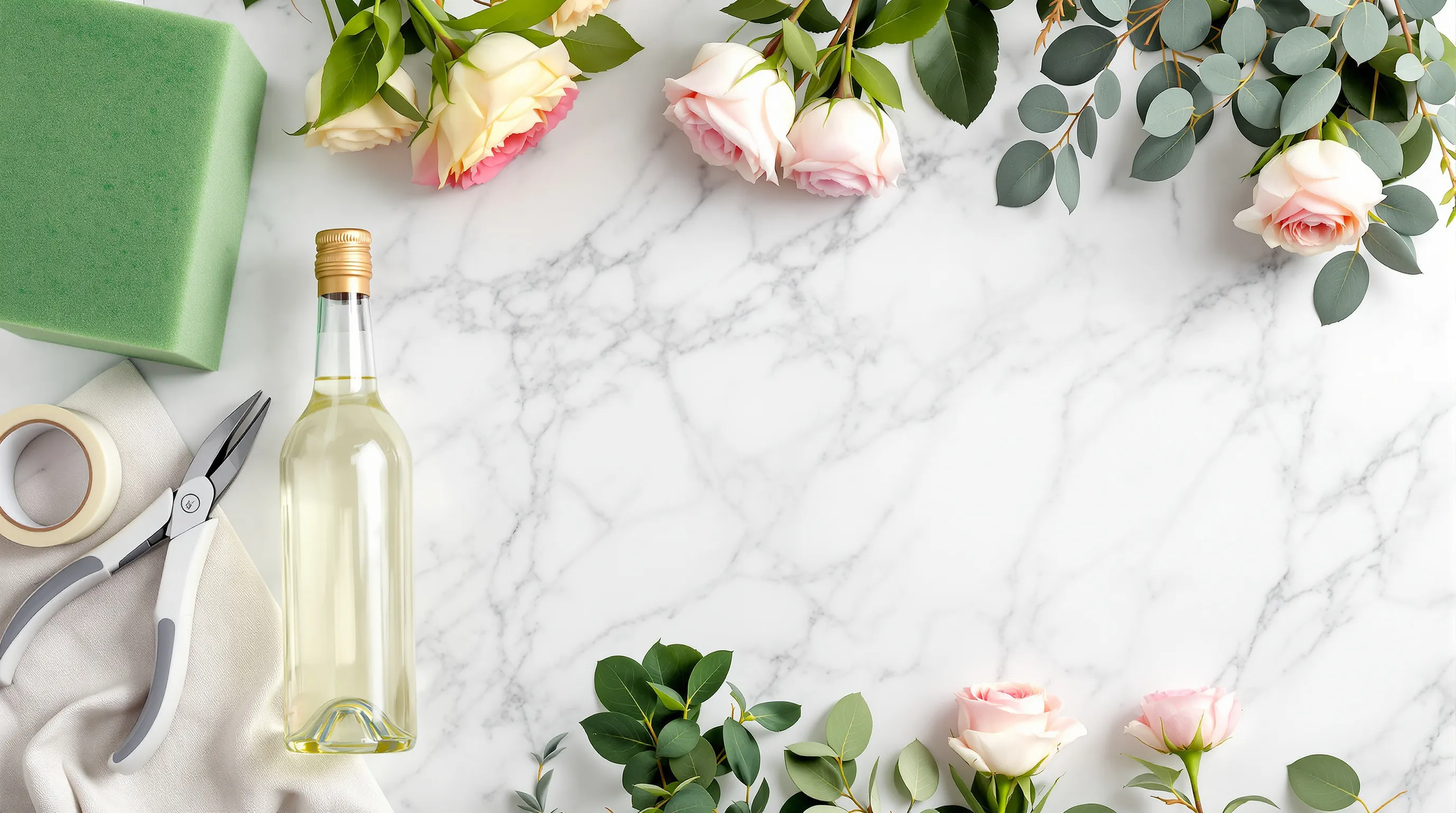 DIY wine bottle bouquet supplies laid out flat: wine bottle, floral foam, waterproof tape, wire cutters, garden roses, eucalyptus, and flower food