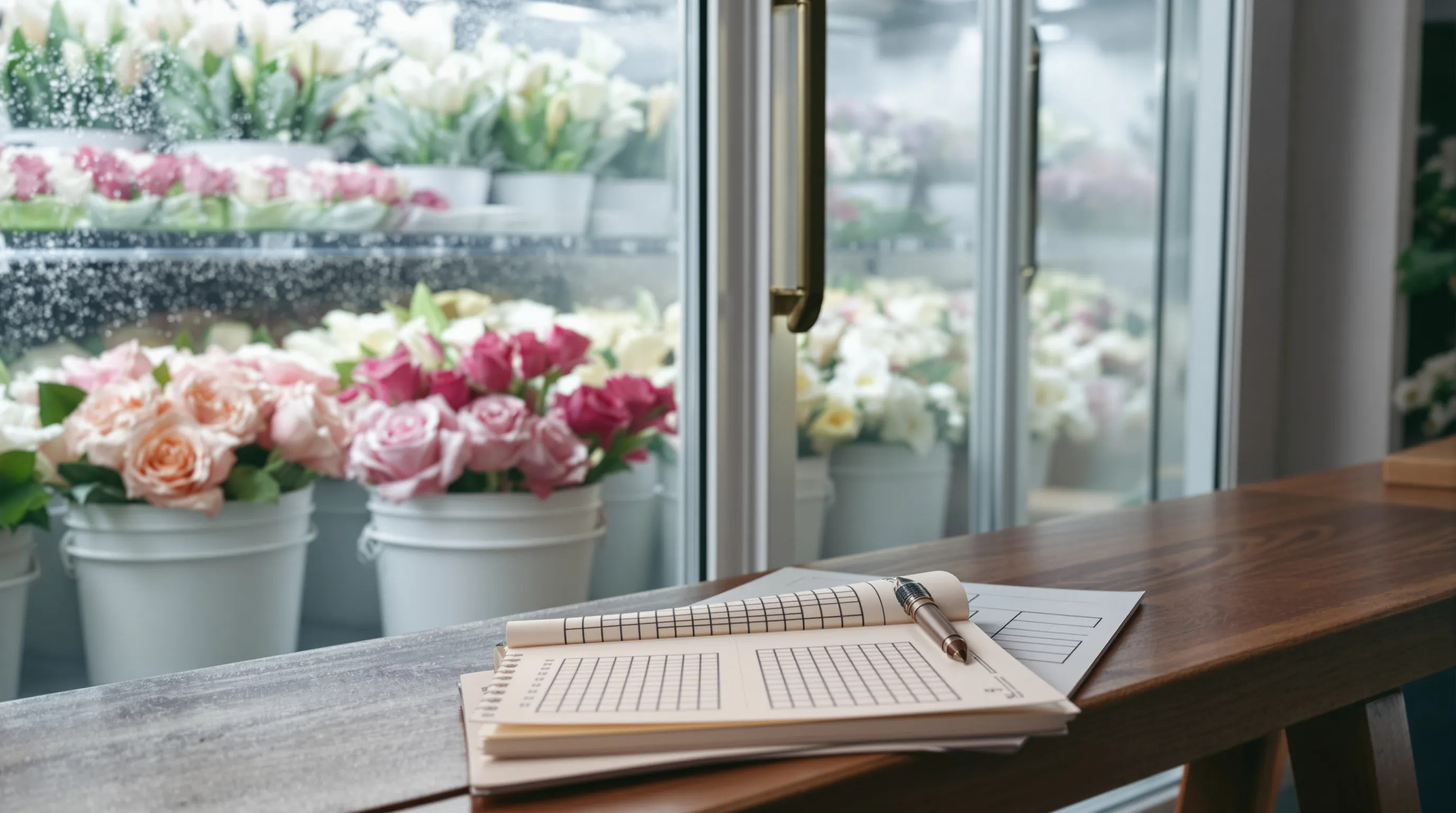 Buckets of fresh cut roses, hydrangeas and calla lilies in a flower cooler, with a gardener's bloom chart notebook on a bench in the foreground.