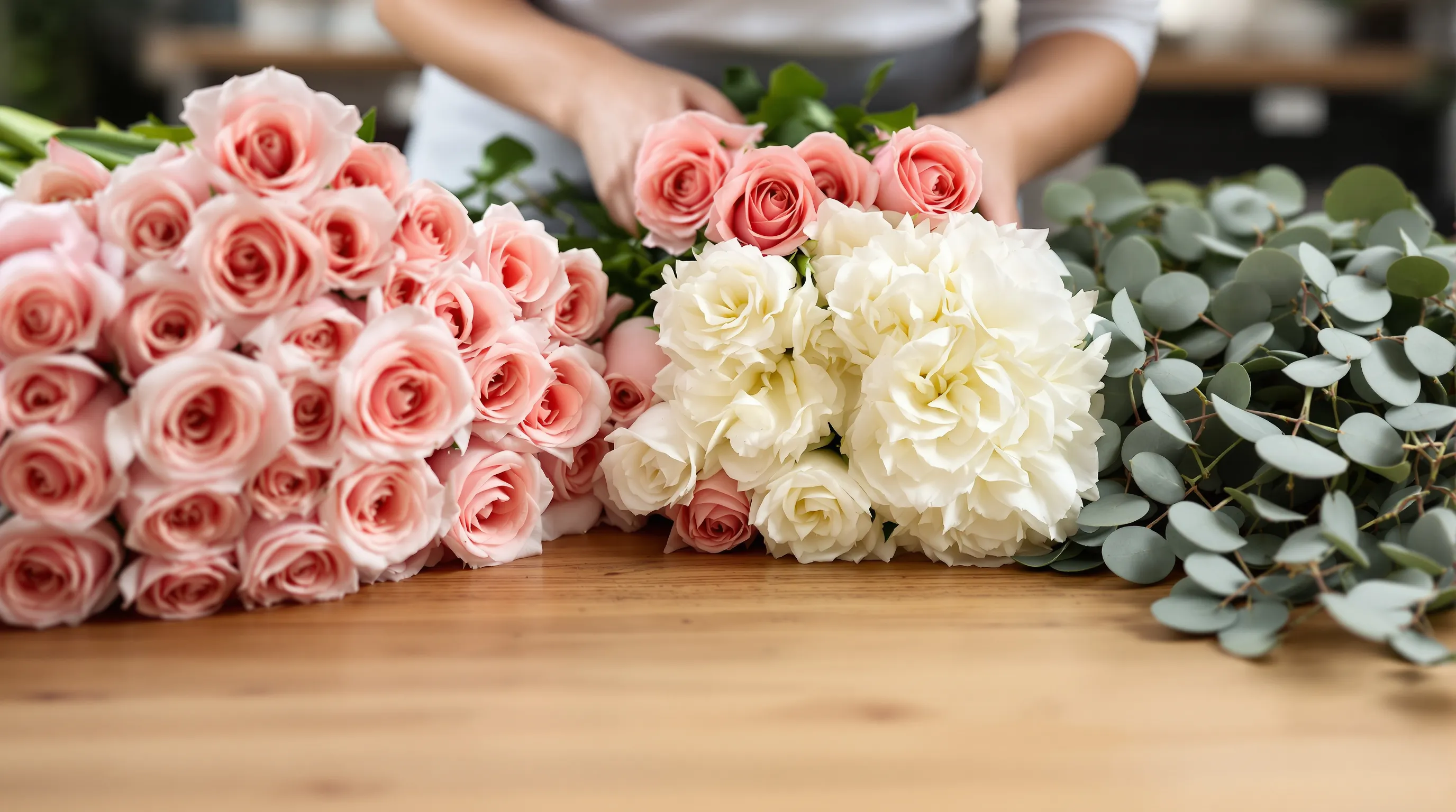 Fresh wholesale wedding flower stems sorted by category on a wooden table: blush roses, white hydrangeas, and eucalyptus greenery bundled for a bulk order