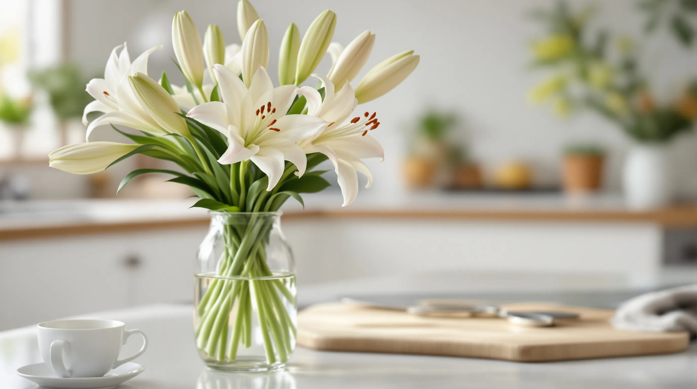 Fresh pale pink and white lily buds conditioning in a clear glass vase on a bright kitchen counter with floral scissors nearby