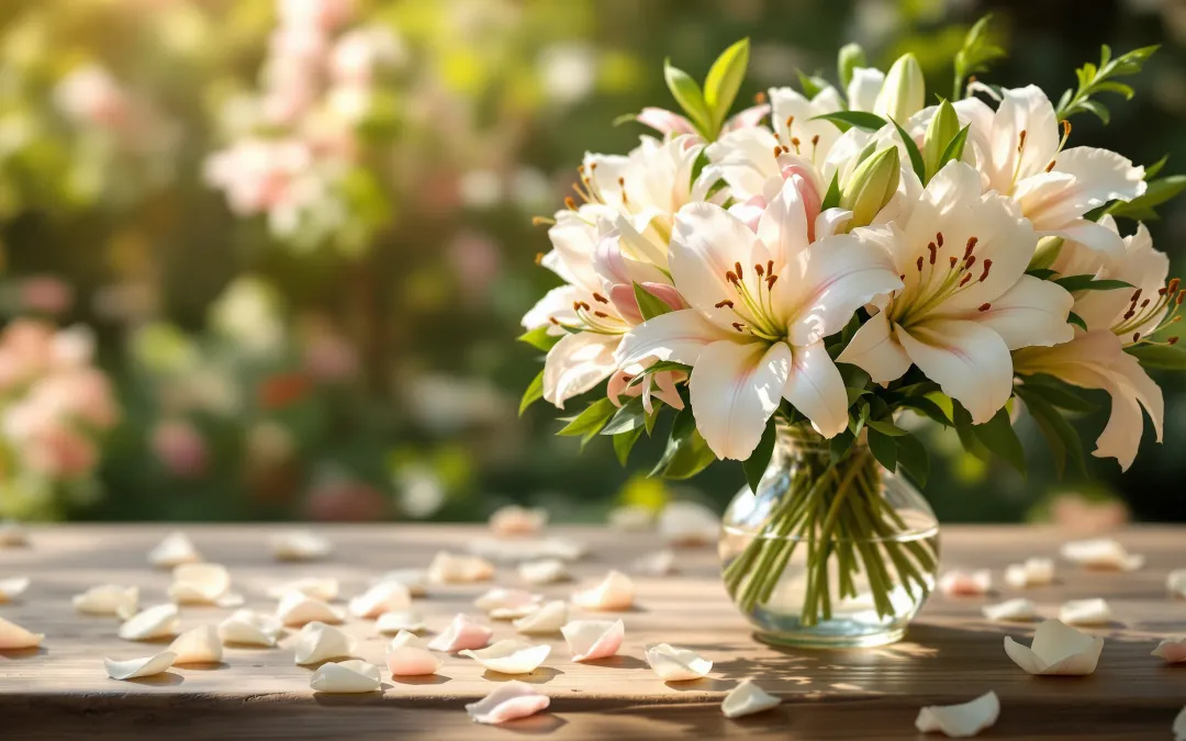 Fresh mixed wedding lilies in soft white, blush, and ivory tones arranged in a glass vase on a sunlit wooden table with garden background