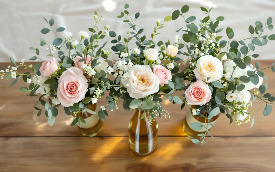 Three wine bottles used as flower vases holding DIY bouquets of garden roses, ranunculus, and eucalyptus on a rustic wooden table