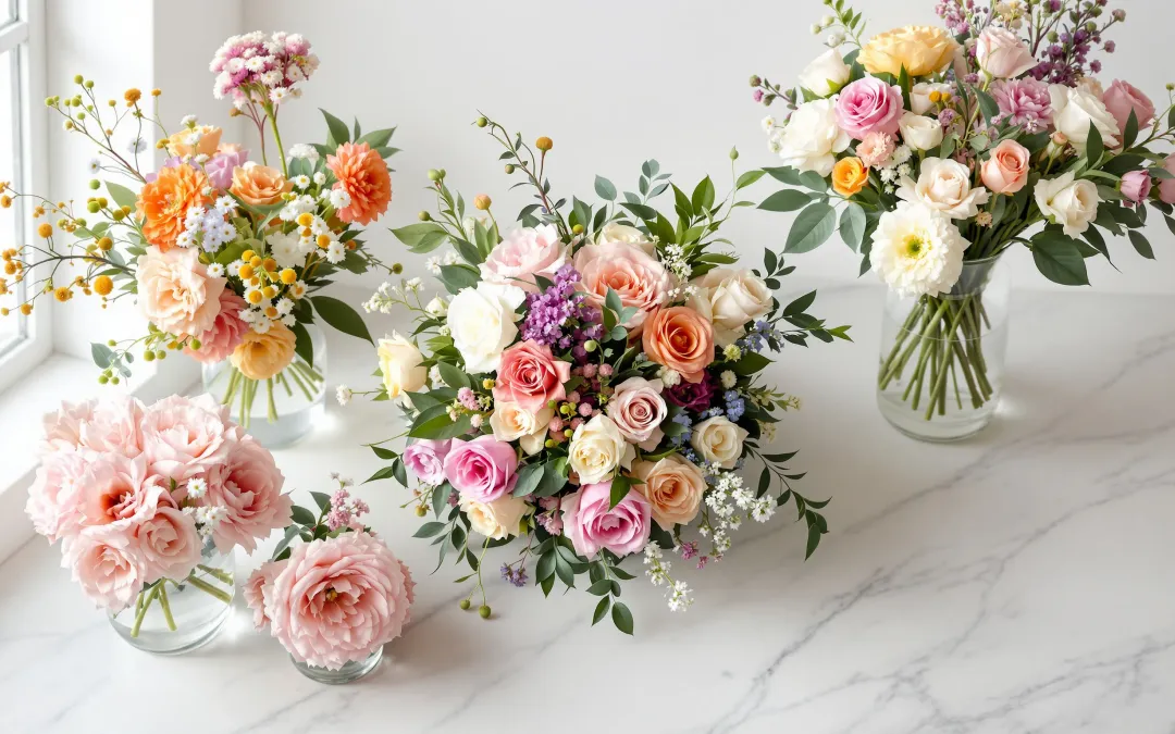 Three wedding centerpiece styles side by side showing bud vase cluster, low bowl centerpiece, and tall glass vase arrangement with fresh wholesale flowers