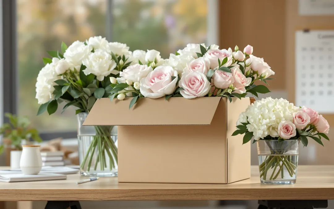 Open box of fresh wholesale roses, hydrangeas and peony buds on a workbench beside a wall calendar, with a fading autumn garden outside the window.